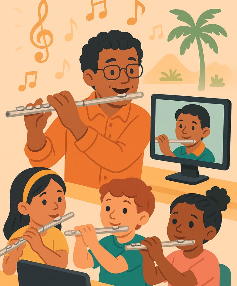 Flute lessons online topics covred, review and refine tone, scales, sight reading