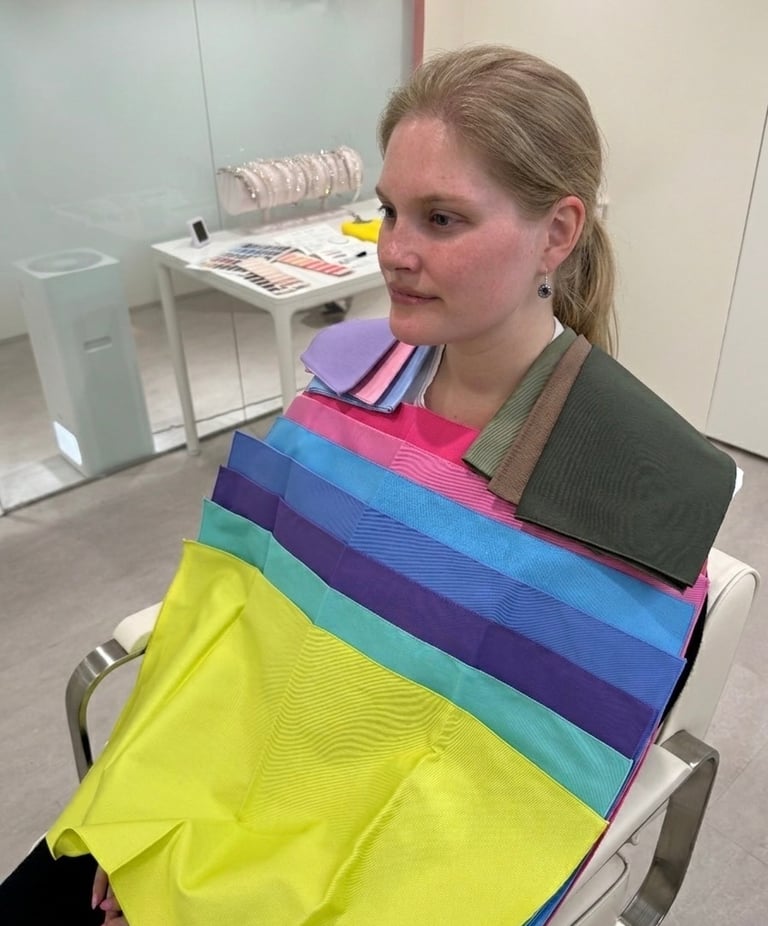 A woman receives a personal color analysis session with various fabric drapes used to find her seasonal palette.
