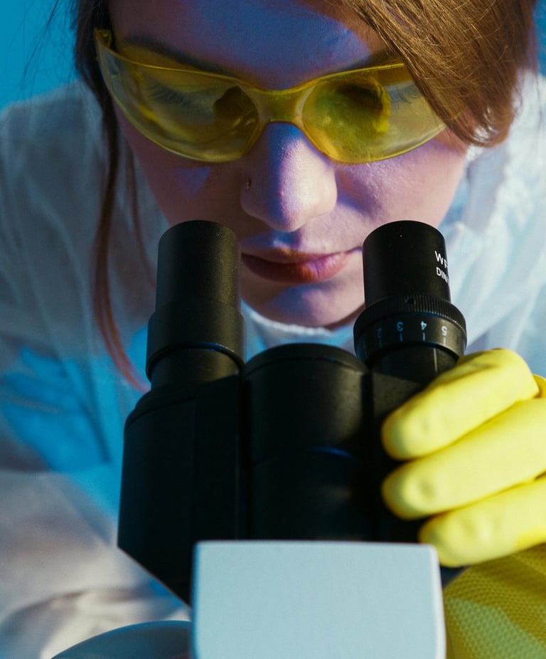 a woman in a lab coat and gloves holding a microscope