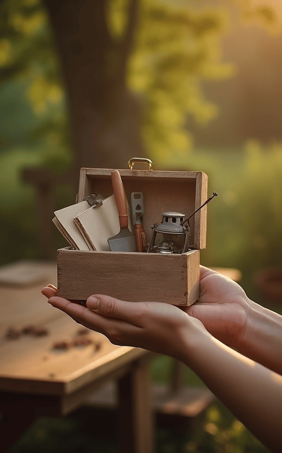 Caixa de madeira com ferramentas de trabalho sendo entregue em mãos para os Servidores