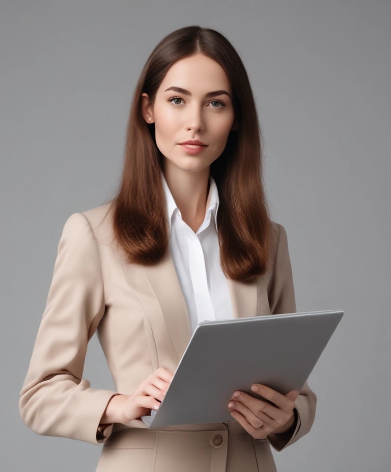 a woman in a corpatur style is holding a laptop