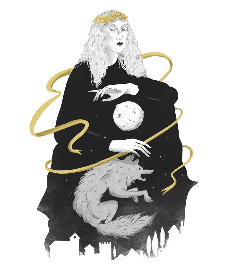 illustration of a woman looking like a greek goddess with a cloak and the moon between her hands