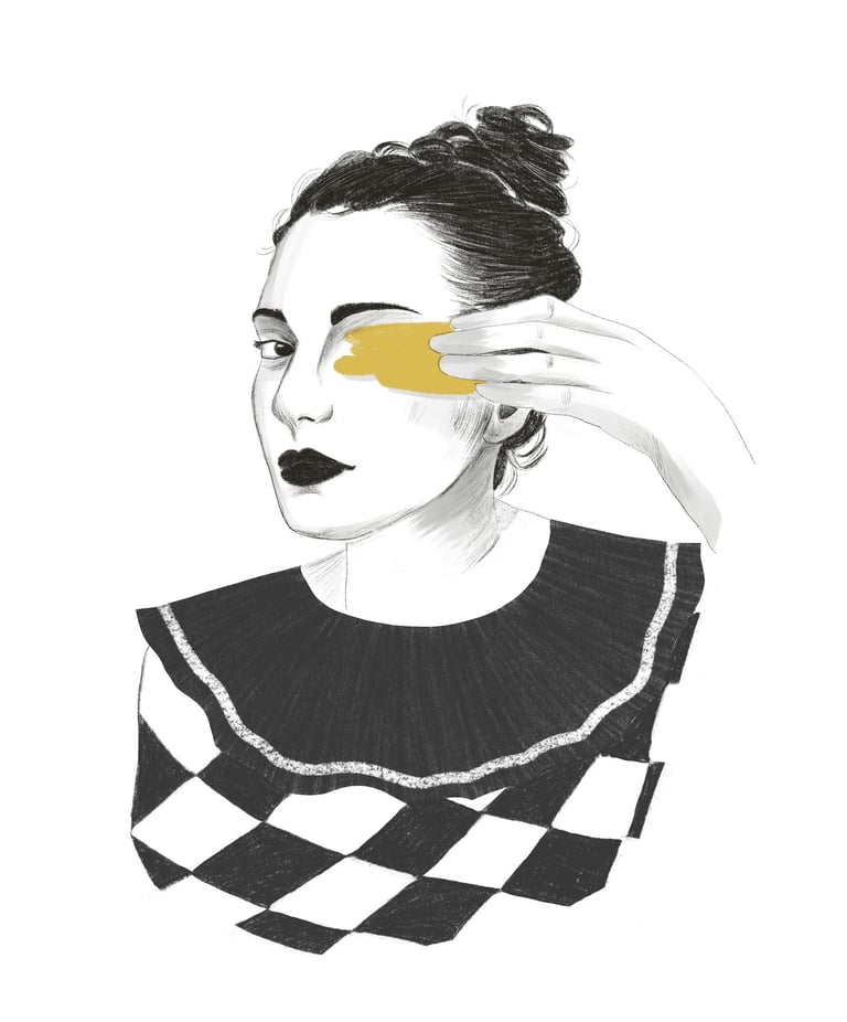 illustration of a woman with a Harlequin shirt and a gold splash in her eye