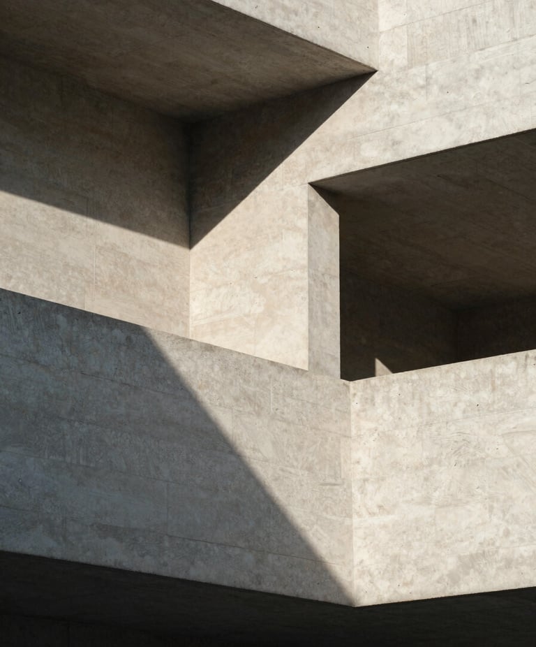 Abstract close-up of sharp architectural concrete lines, high-contrast geometric shadows, serene minimalist daylight.