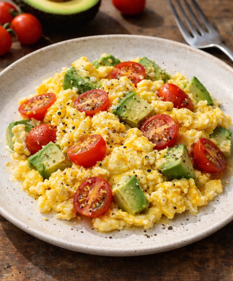 Revuelto cremoso de huevos con aguacate y tomates cherry, sazonado con sal marina y pimienta negra,