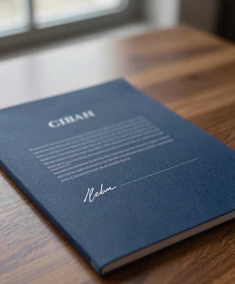 Close-up of a signed legal contract on a heavy oak desk, soft side window light, deep navy tones, shallow depth of field, professional editorial photography
