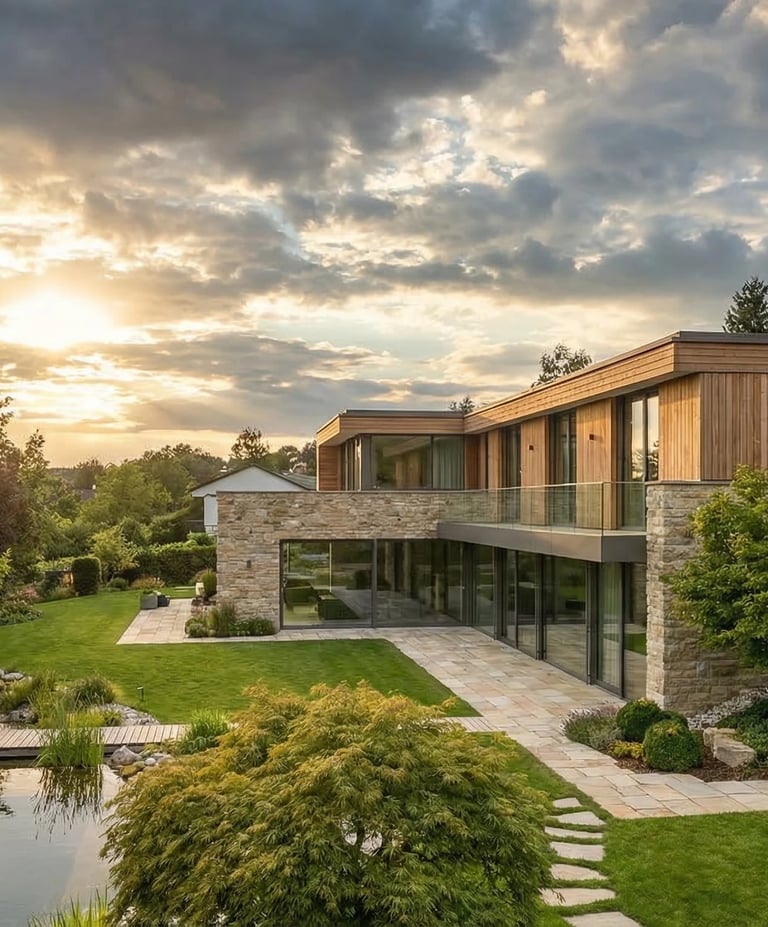 Modernes Luxushaus mit einer Fassade aus Stein und Holz, umgeben von einem gepflegten Garten