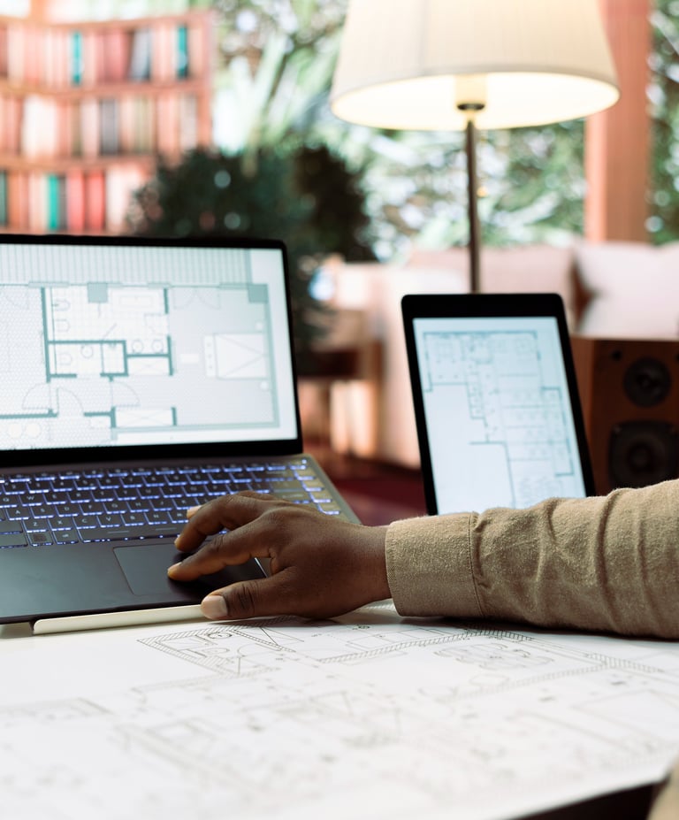 foto com foco laptop cm planta de arquitetura e  tablet ao lado e homem trabalhando sobre o projeto