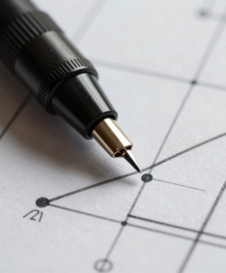 Close-up detalhado de uma caneta tinteiro clássica sobre papel de alta gramatura com esboços de diagramas corporativos e linhas arquitetônicas precisas, luz lateral suave.