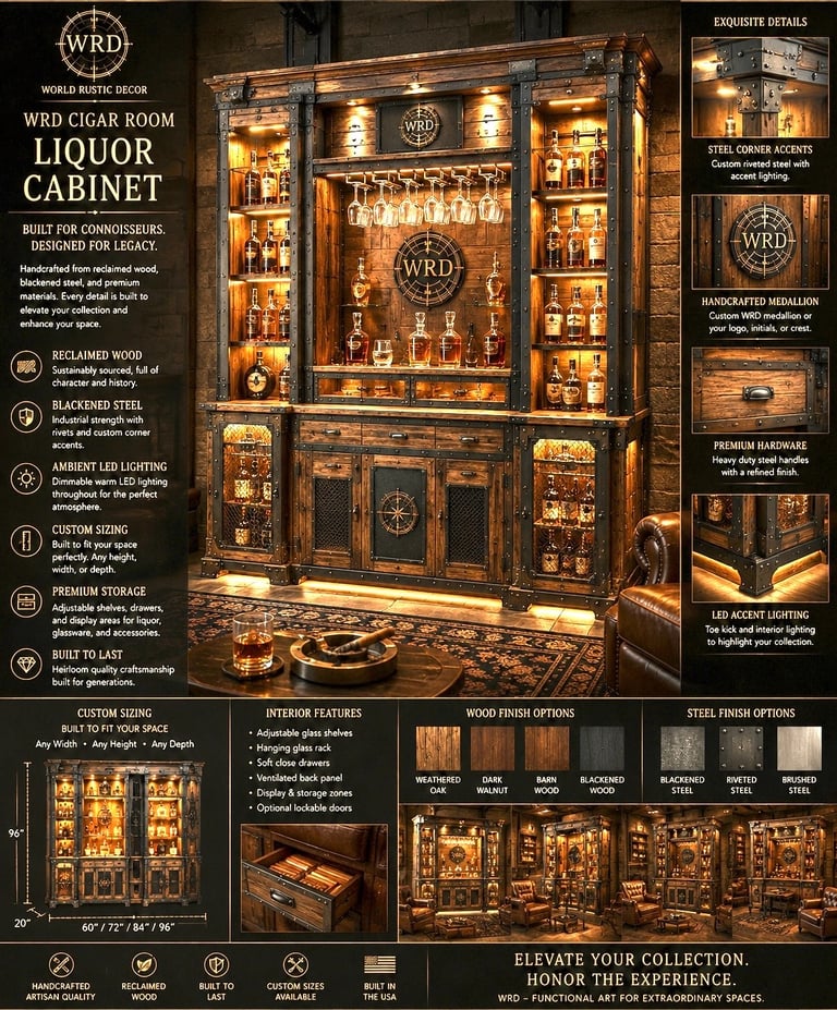 Handcrafted liquor cabinet made from reclaimed wood and blackened steel with ambient LED lighting for a luxury home bar.