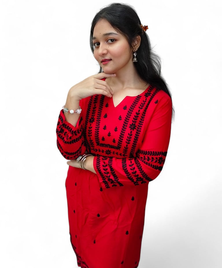 a woman in a red dress with a white background