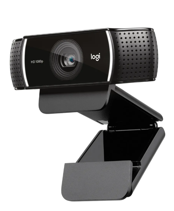 Logitech HD 1080p webcam with adjustable monitor mount for video conferencing and streaming.