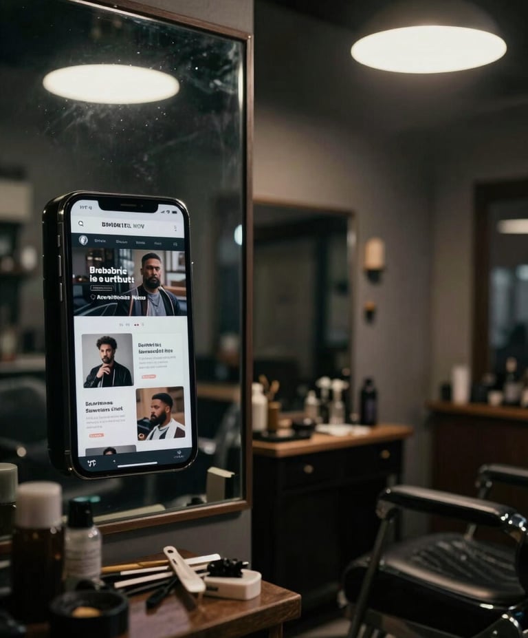 Split-frame cinematic composition — left half shows a dim cluttered barber shop website on a phone screen reflected in a mirror, right half shows the same space photographed cleanly with sharp tungsten overhead light, no text visible, dark moody tones