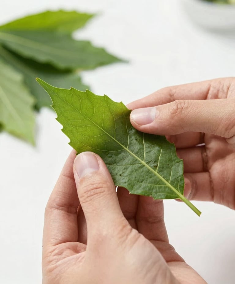 Hands carefully selecting raw green botanical leaves in an ethical harvest, soft natural daylight, macro detail.