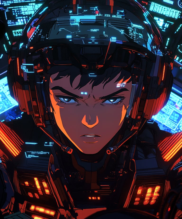 Giovane pilota in armatura futuristica all'interno di una cabina di comando mecha.