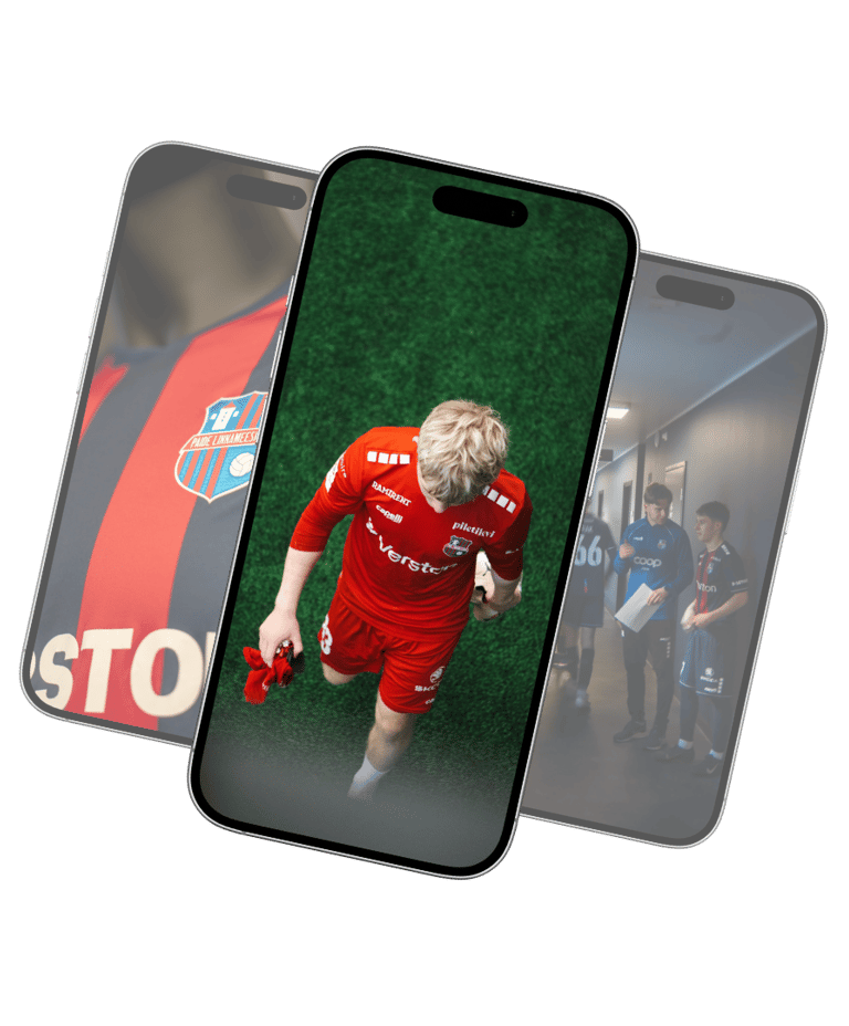 Kolm mobiiltelefoni, mis kuvavad mustal taustal professionaalsete jalgpallurite tipphetki 