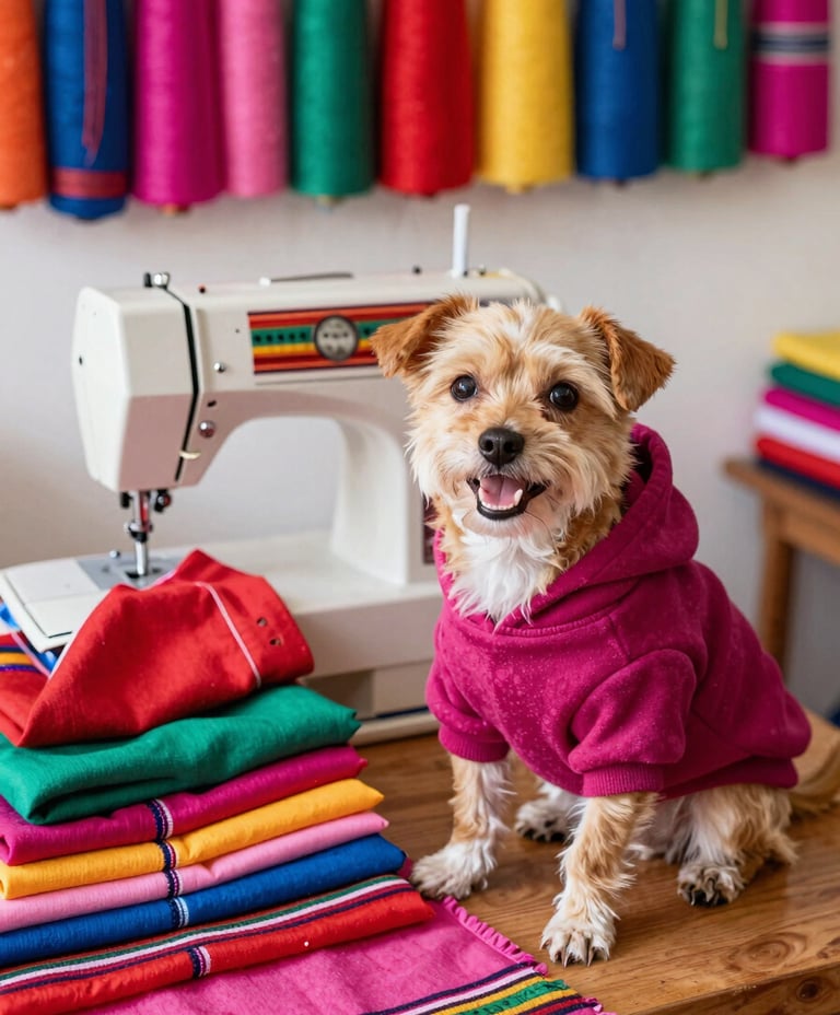 perro pequeño con sudadera con gorro color rosado oscuro, posa junto a telas coloridas