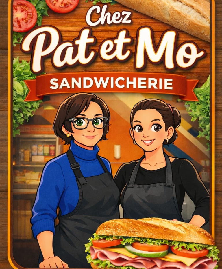 Enseigne illustrée pour Chez Pat et Mo Sandwicherie représentant deux femmes en tablier avec un sand