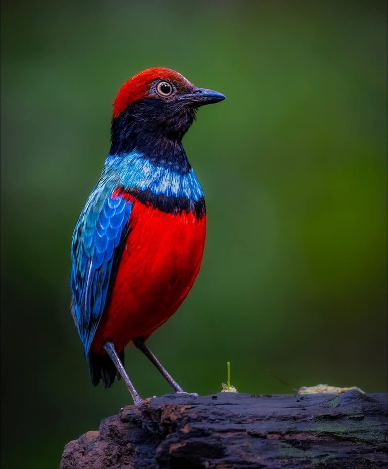 A vibrant Blue-headed Pitta with red, black, and turquoise plumage perched on a mossy log.