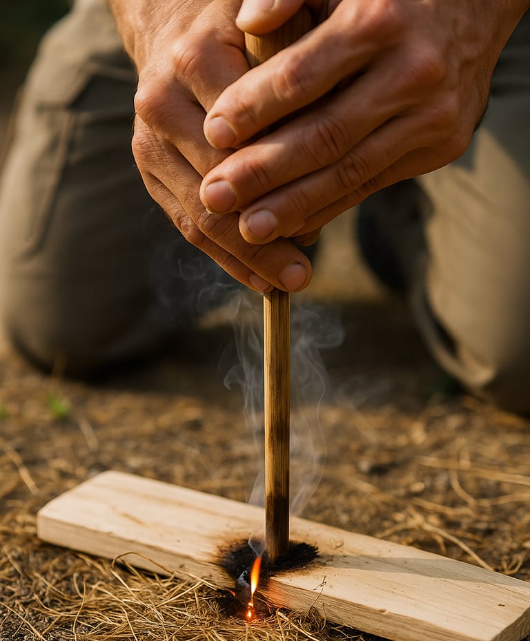 Starting fire with bow drill, primitive firestarting method for bushcraft survival