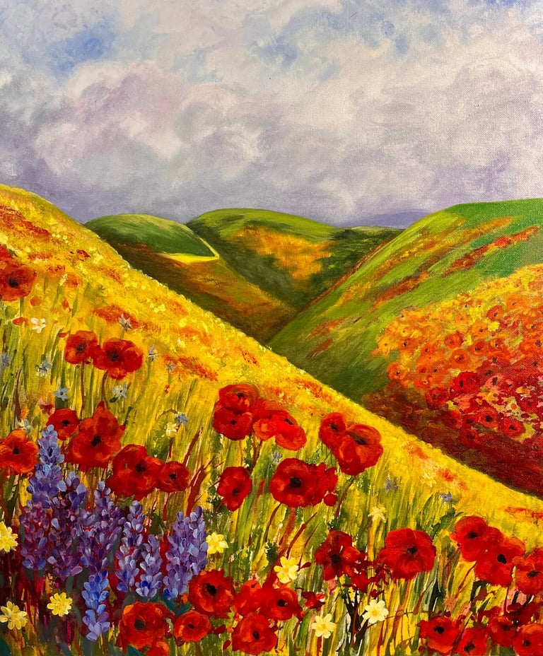 a painting of a field with flowers and a sky background