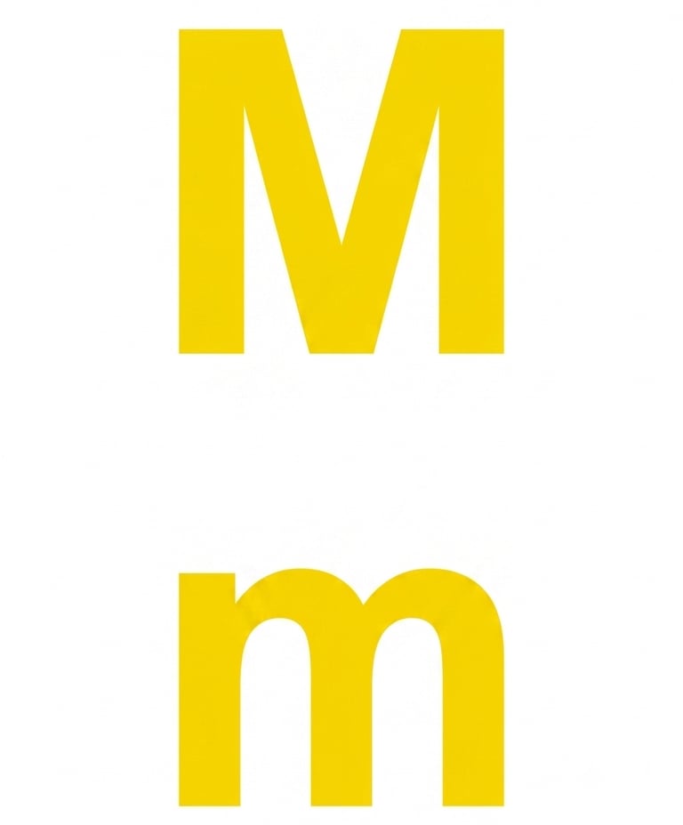 Uppercase and lowercase yellow letter M in a bold sans-serif font on a white background.