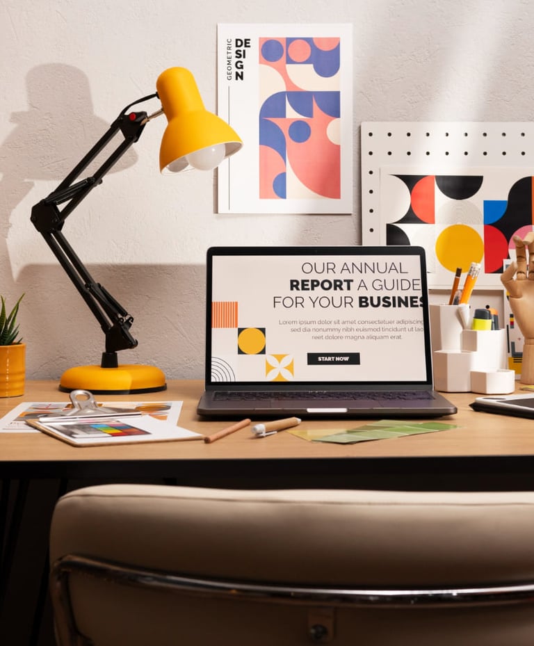 Espacio creativo con laptop, diseño gráfico y herramientas de trabajo modernas