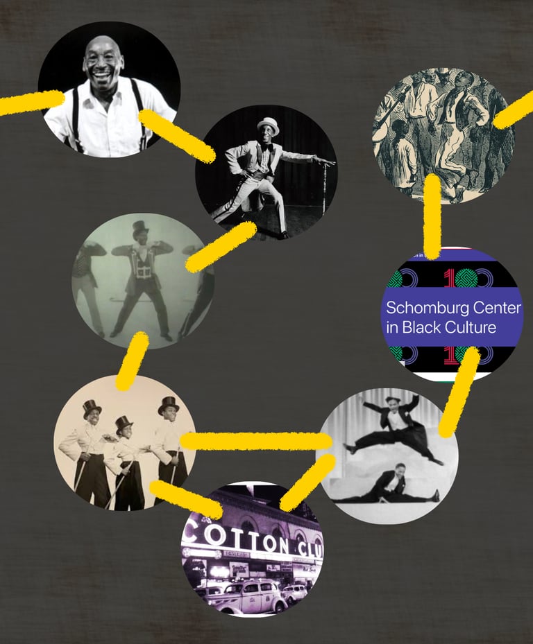 swing and blues dancers and places connected by lines to show relationships between them