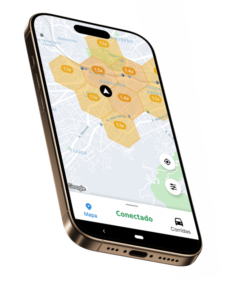 Tela do app APKTEM mostrando mapa de mobilidade urbana e corridas.