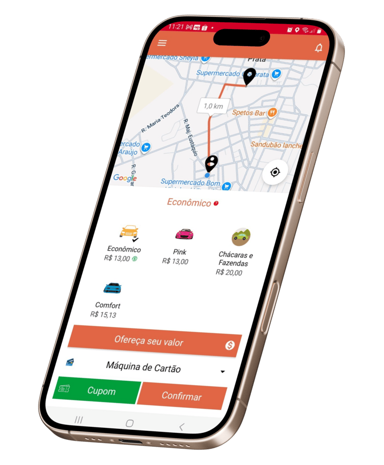Tela do app APKTEM mostrando mapa de mobilidade urbana e corridas.