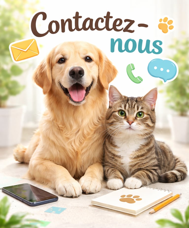 Illustration promotionnelle montrant un Golden Retriever souriant et un chat tigré assis côte à côte