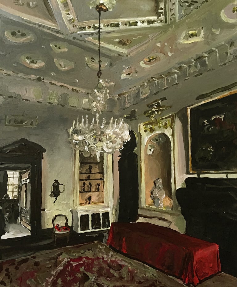 a painting of a room with a chandelier, table with red cloth and chair with pair of stilettos