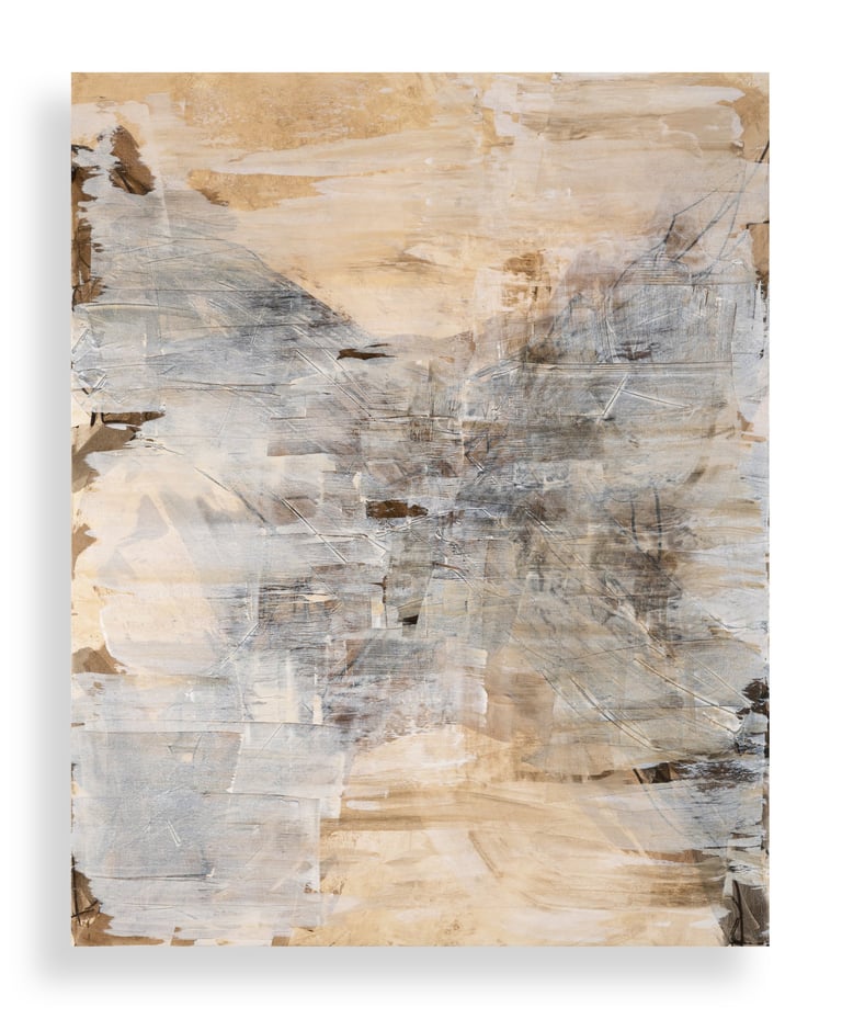Abstract mixed media painting featuring textured brushstrokes in beige, grey, and white tones.