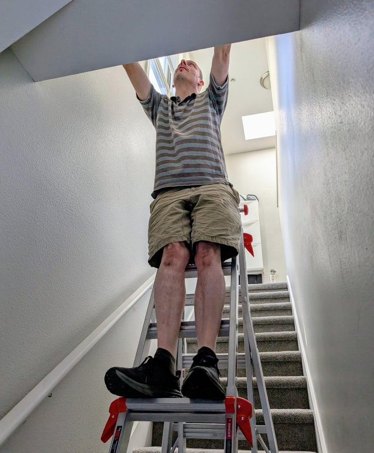 Cyd hanging a framed photo on a stairwell using an adjustable ladder