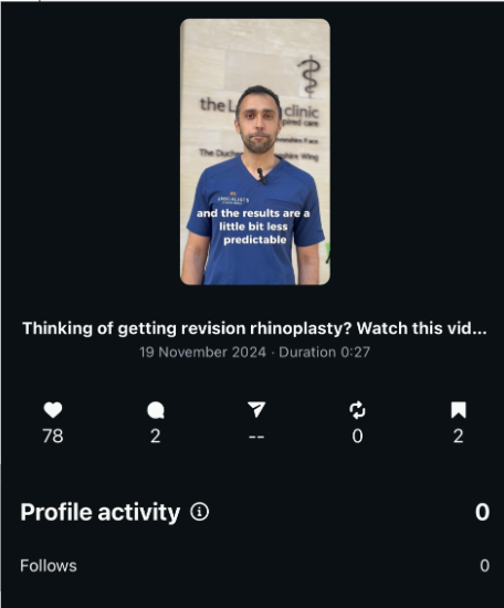 Educational video analytics example before my work showing 0 gained followers from 2,408 views