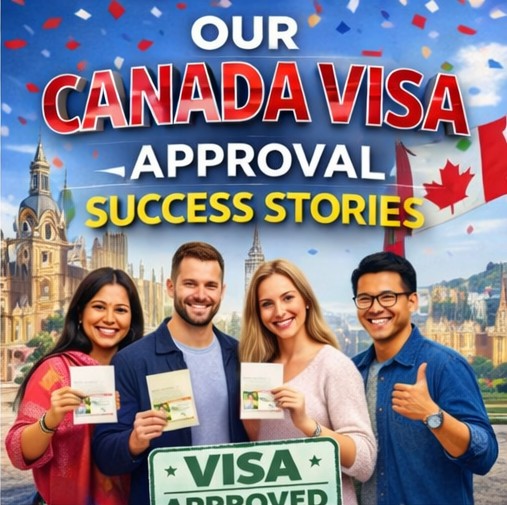 Canada visa pproval success banner with happy applicants holding passports and visa approved