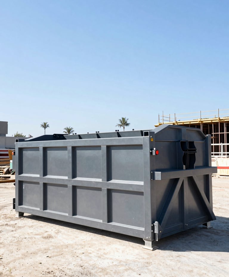 A clean, branded steel roll-off dumpster positioned on an active, organized San Diego construction site, bright high-contrast California daylight, sharp metallic textures, low-angle heroic framing.