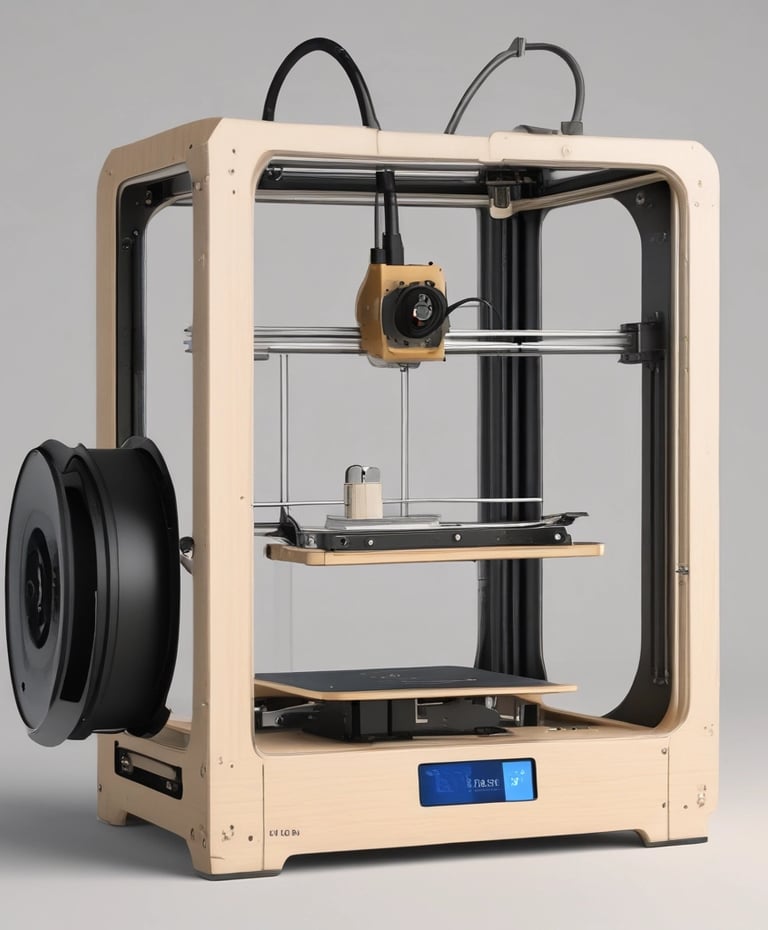 Close-up of a 3D printer in action with vibrant filament colors.