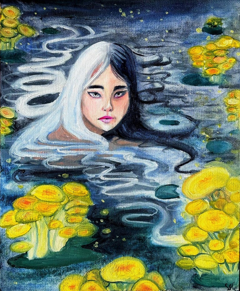 a painting of an elven woman bathing in a pond surrounded by yellow mushrooms glowing in the dark