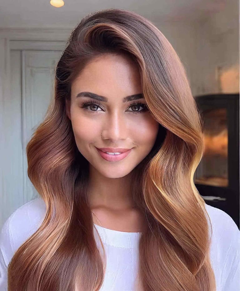 a woman with long colorful hair and a white shirt