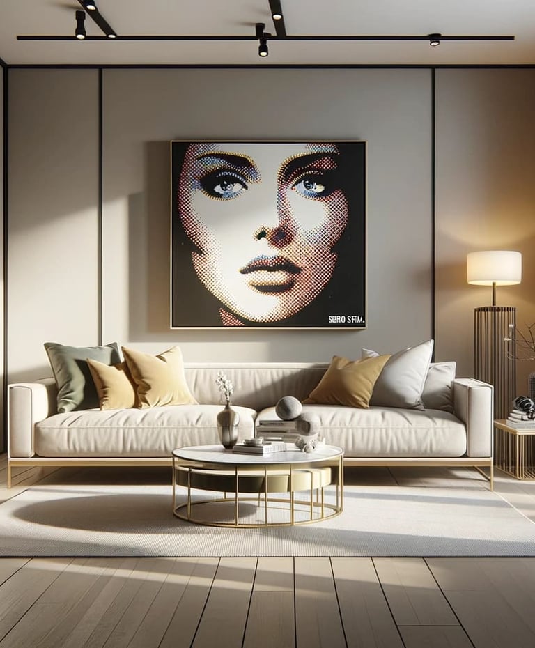 Sala com um quadro de uma mulher em Pop-Art.