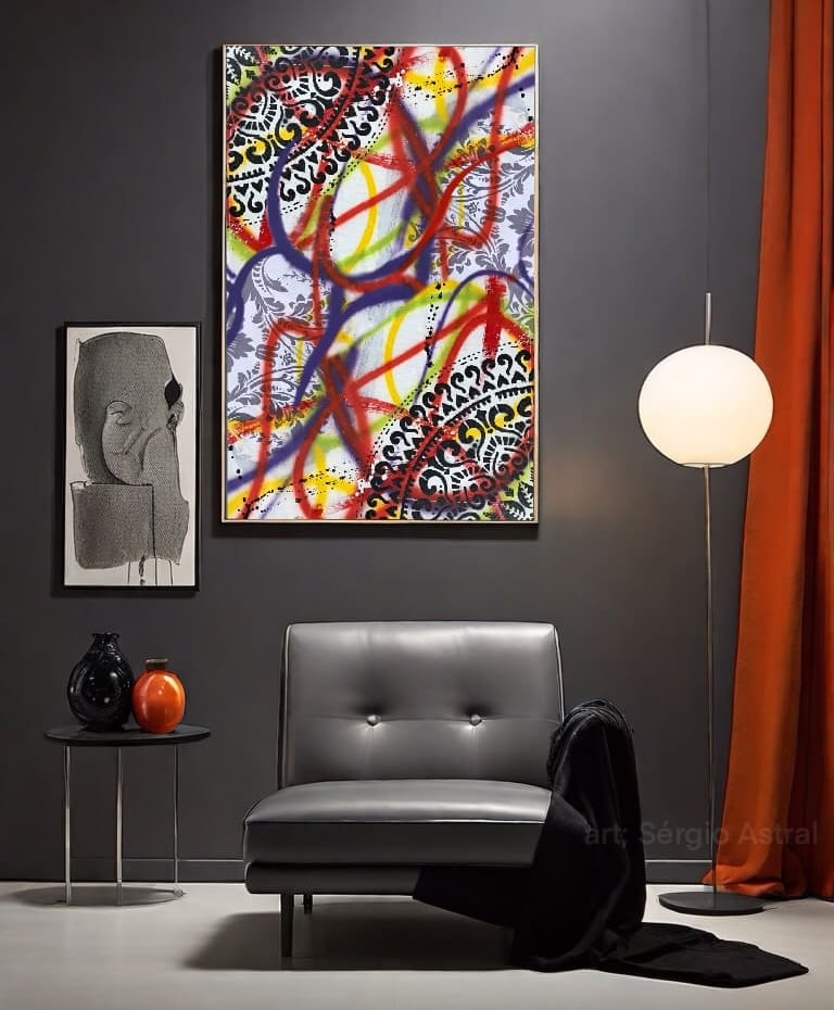 Pintura com móveis modernos em tons de cinza e plantas decorativas.