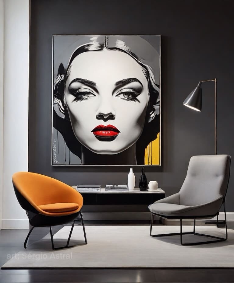 Home office com móveis contemporâneos em tons neutros e destaque para luminária de piso.