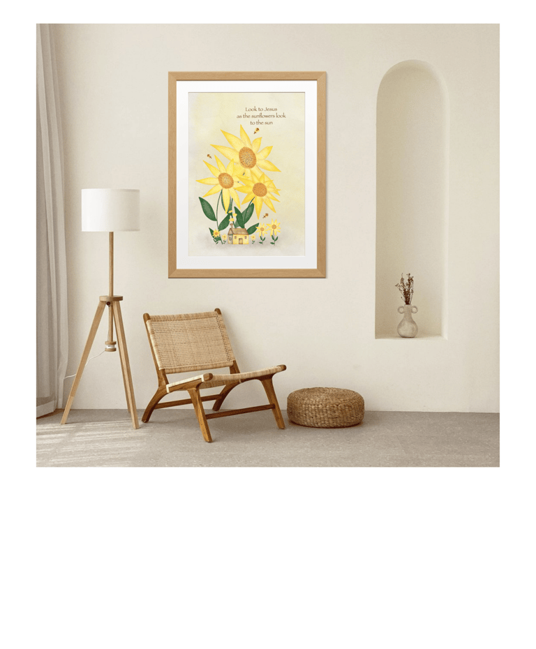 art print on whimsical sunflower, bees and cottage house illustration