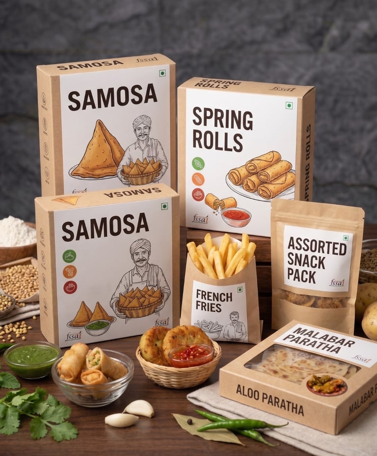 Frozen snacks packaging for samosas, spring rolls, French fries, and Malabar paratha on a wooden table.