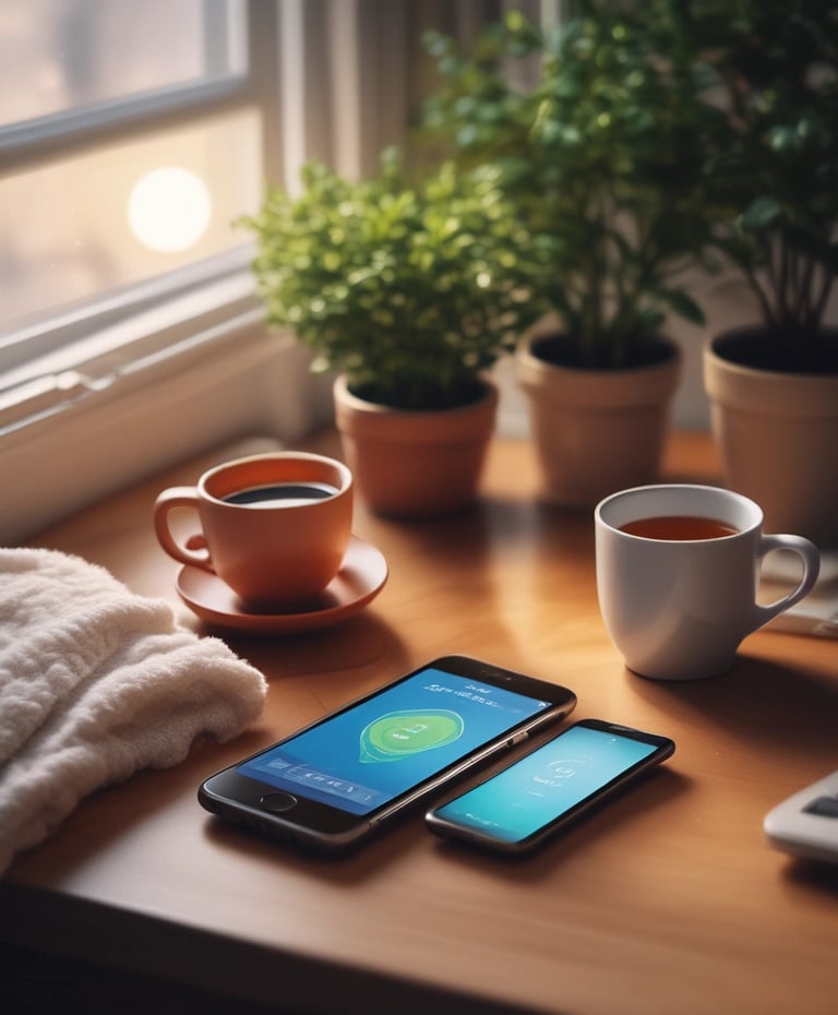 A cozy morning scene with a glowing lamp, a cup of tea, and a smartphone displaying a productivity app
