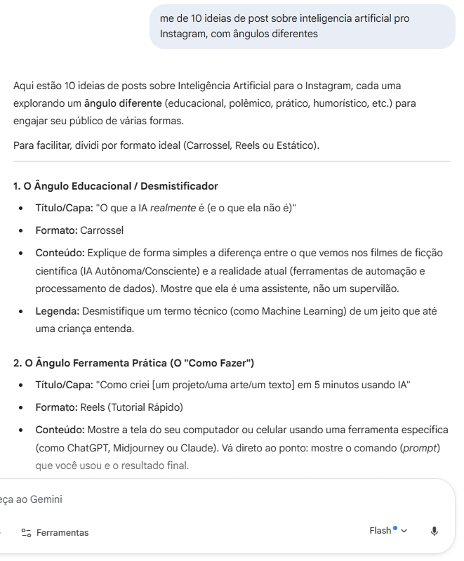 Screenshot of a Google Gemini chat interface showing AI content ideas for Instagram posts in Portuguese.