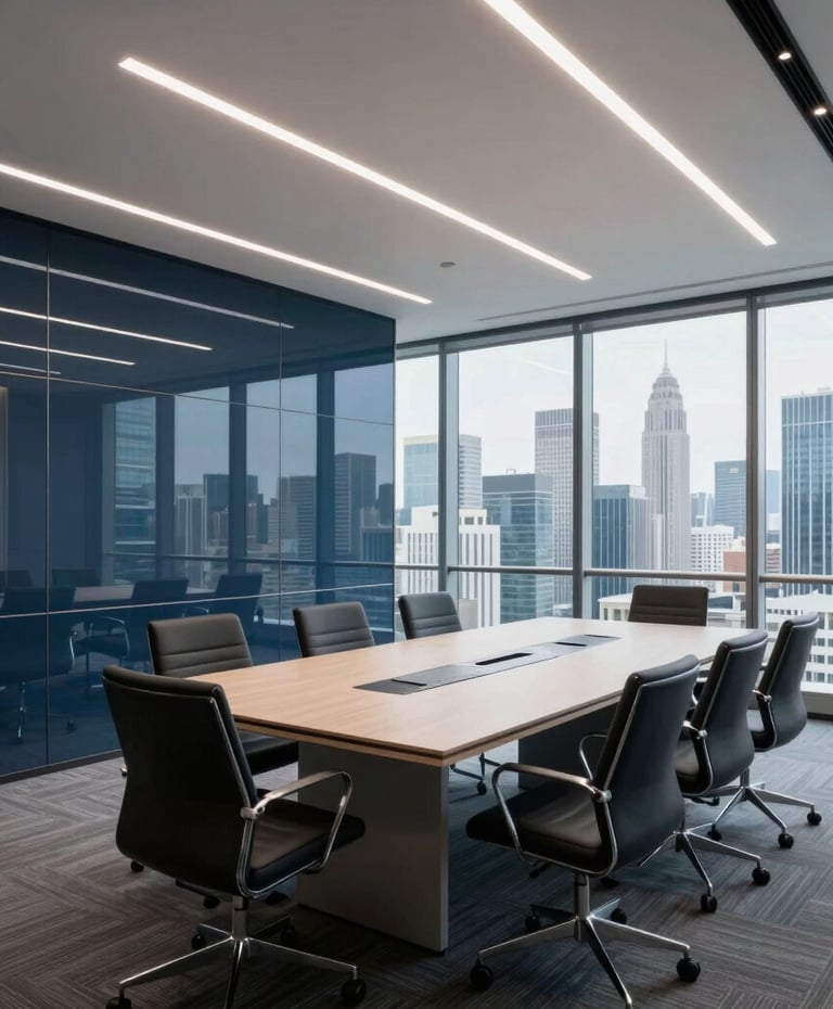 A wide-angle lens photograph of a modern, sophisticated corporate boardroom in a glass skyscraper overlooking a global city skyline, featuring Dark Blue and Off-White palette, clean and professional lighting, International / Global setting.