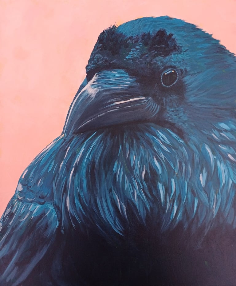 a painting of a raven's head in deep blues.