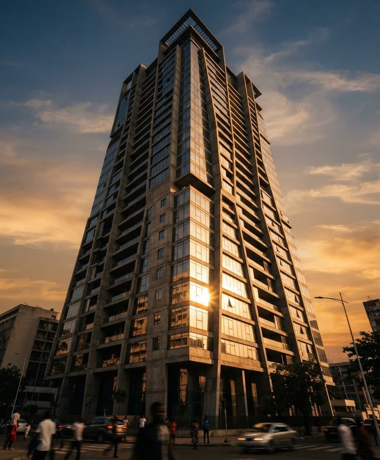 Low-angle architectural photograph of a modern concrete and glass tower in Abidjan, golden hour sun glinting off the facade, sharp focus, premium editorial 35mm